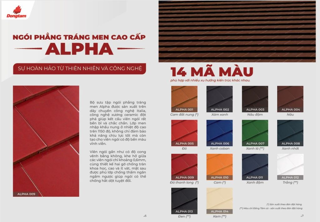 14 mã màu ngói Tráng men Đồng Tâm Alpha phẳng